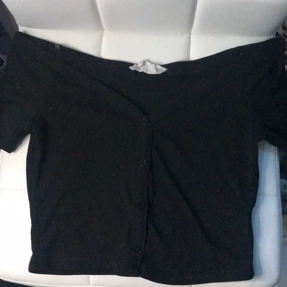 black, off the shoulder, button up, crop top